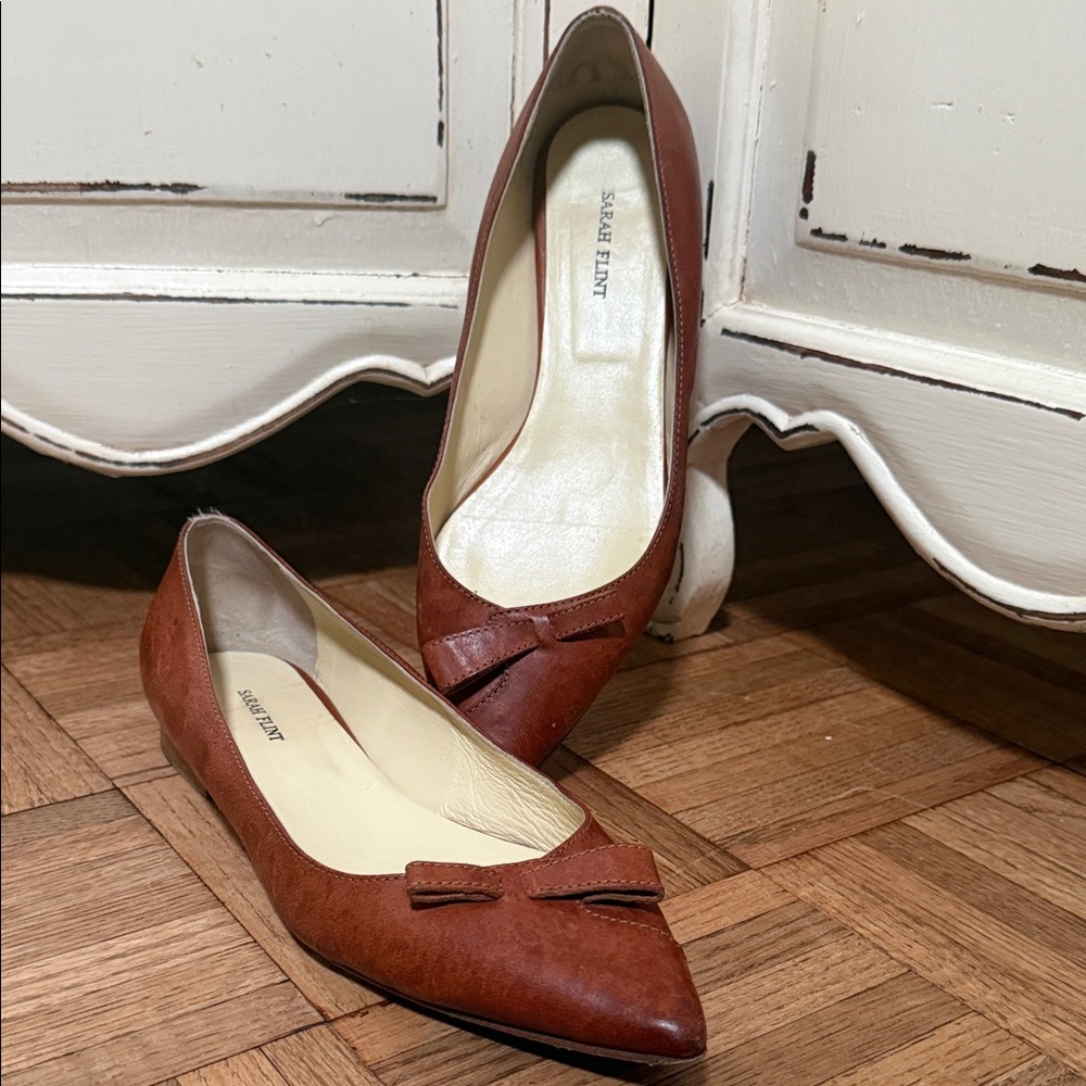 Sarah Flint Cognac Pointed-Toe Bow Flats